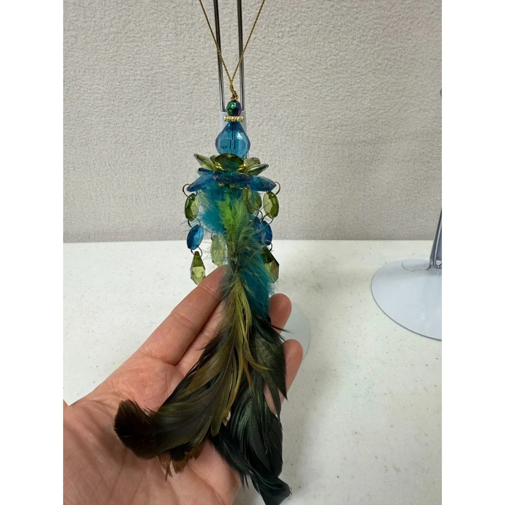Green Feather Decorative‎ Birds with Green & Blue Tinsel Tails (6)